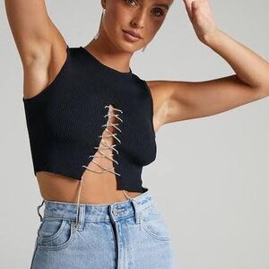 NWT Boutique Black Rhinestone Lace Up Cropped Tank Size S